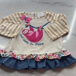 Striped Sloth Baby Top with Ruffle Hem